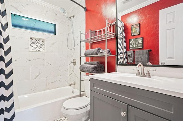 3839 Brookcrest Cir, Decatur, GA 30032 - bathroom featuring crown molding, shower / tub combo with curtain, toilet, and vanity