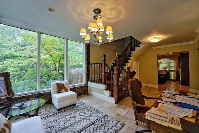 office area featuring light tile floors, crown molding, a notable chandelier, and a wealth of natural light