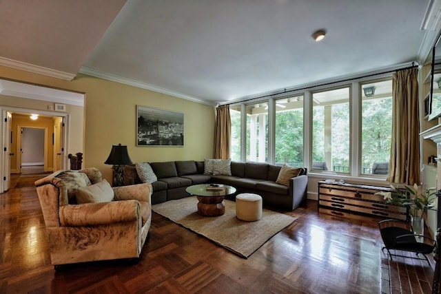 living room featuring dark parquet flooring and ornamental molding