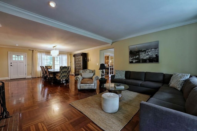 living room featuring crown molding and dark parquet flooring