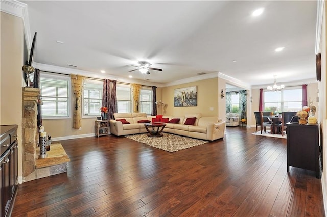915 Elmsbrook Ln, Alpharetta, GA 30004 - living room with a chandelier, ornamental molding, dark wood-style flooring, ceiling fan, and recessed lighting