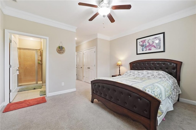 915 Elmsbrook Ln, Alpharetta, GA 30004 - carpeted bedroom featuring crown molding, ensuite bathroom, a closet, and ceiling fan