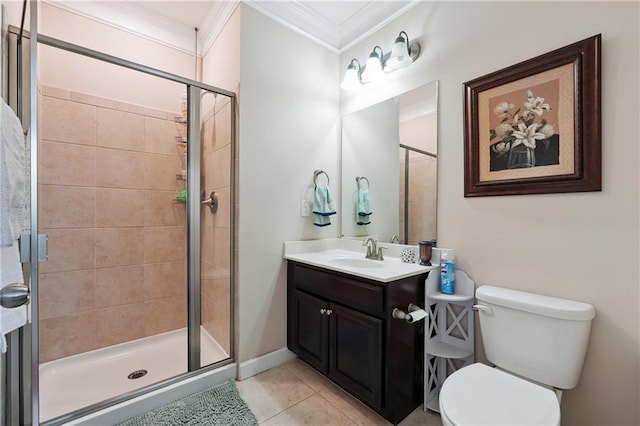 915 Elmsbrook Ln, Alpharetta, GA 30004 - full bathroom featuring crown molding, a shower stall, vanity, and tile patterned flooring