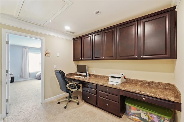 915 Elmsbrook Ln, Alpharetta, GA 30004 - office area featuring attic access, light carpet, built in study area, and crown molding