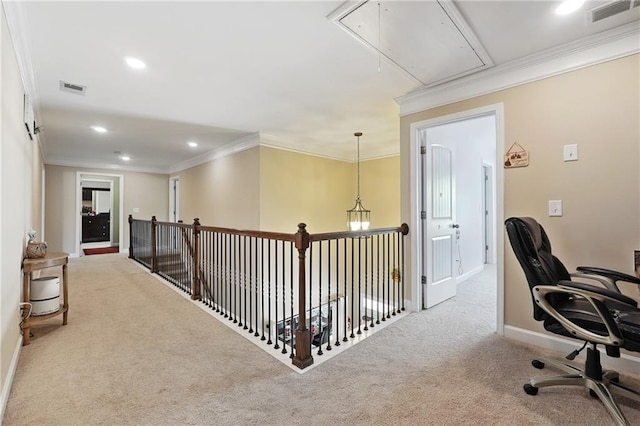 915 Elmsbrook Ln, Alpharetta, GA 30004 - carpeted home office with attic access, ornamental molding, and recessed lighting