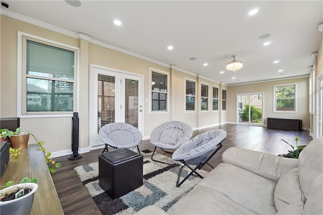 915 Elmsbrook Ln, Alpharetta, GA 30004 - living room with radiator heating unit, recessed lighting, ornamental molding, wood finished floors, and french doors