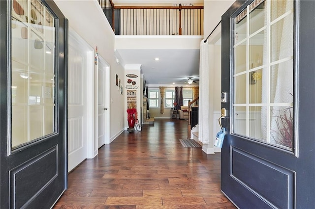 915 Elmsbrook Ln, Alpharetta, GA 30004 - foyer with dark wood finished floors, stairway, a ceiling fan, and recessed lighting