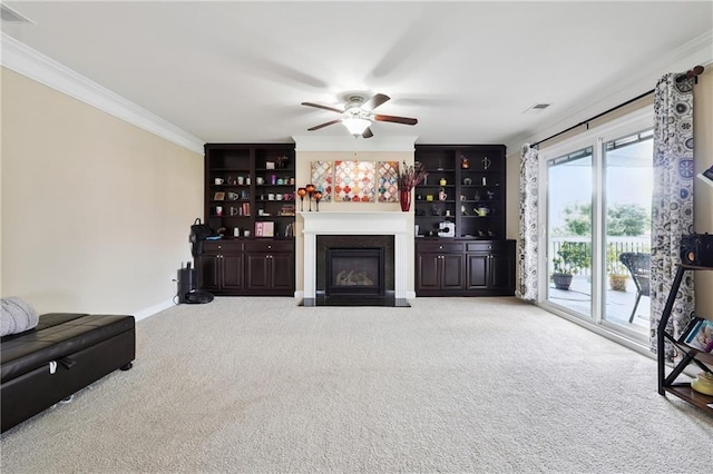 915 Elmsbrook Ln, Alpharetta, GA 30004 - living room with crown molding, ceiling fan, a fireplace with flush hearth, and carpet floors