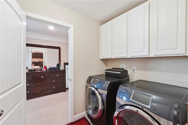 915 Elmsbrook Ln, Alpharetta, GA 30004 - laundry room featuring washing machine and dryer, cabinet space, crown molding, and carpet