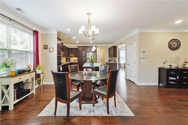 915 Elmsbrook Ln, Alpharetta, GA 30004 - dining space featuring a chandelier, crown molding, plenty of natural light, dark wood-style floors, and recessed lighting