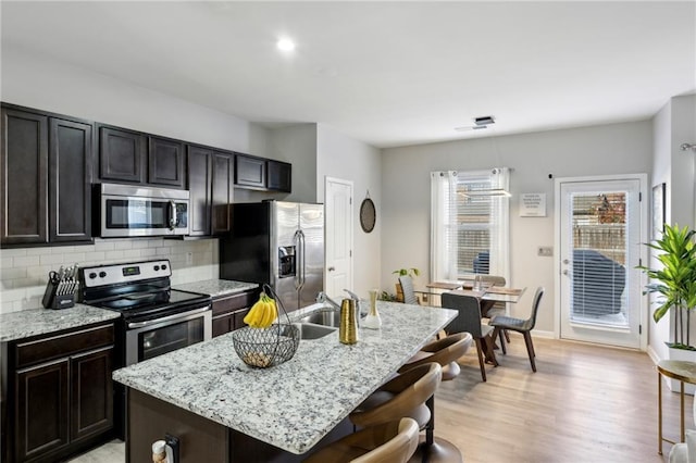 kitchen with a center island with sink, appliances with stainless steel finishes, light wood-type flooring, pendant lighting, and backsplash