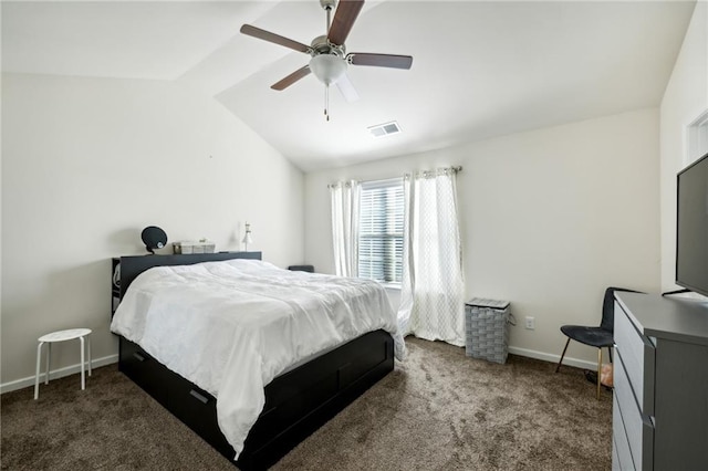 bedroom featuring carpet, lofted ceiling, visible vents, a ceiling fan, and baseboards