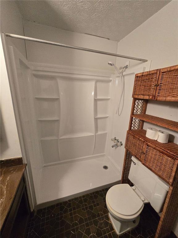1297 Tree Creek Ct, Clarkston, GA 30021 - bathroom with a shower, vanity, and a textured ceiling