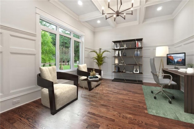 office space featuring beamed ceiling, coffered ceiling, dark hardwood / wood-style flooring, and a notable chandelier