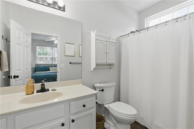 ensuite bathroom with vanity, toilet, and connected bathroom