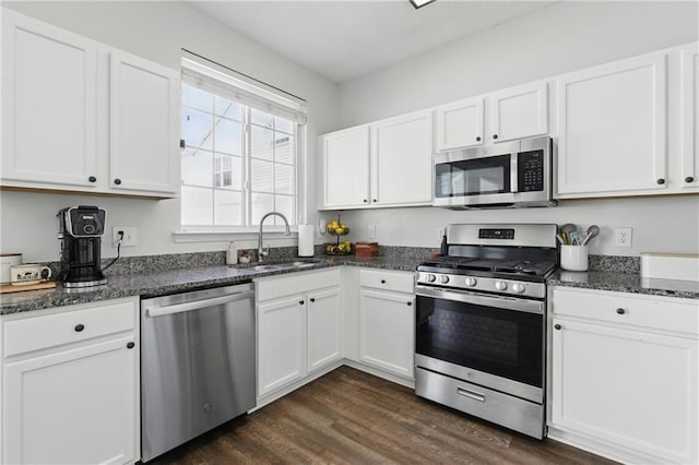 kitchen featuring a sink, stainless steel appliances, white cabinets, and dark wood-style flooring