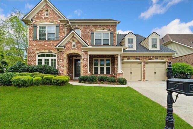 craftsman-style home featuring driveway, a front yard, a garage, and brick siding