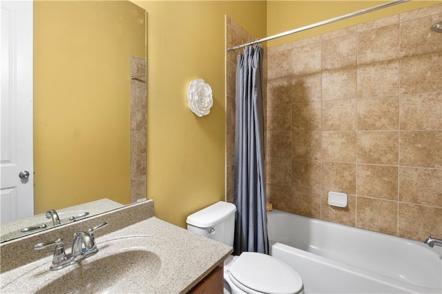 full bath featuring toilet, shower / bathtub combination with curtain, and vanity