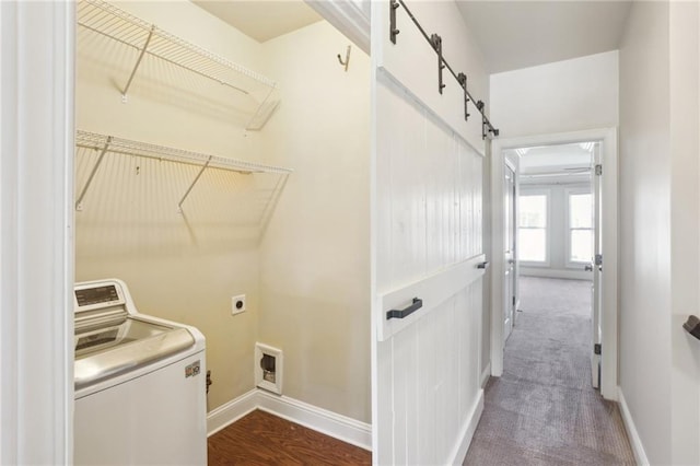 345 Alderwood Ln, Sandy Springs, GA 30328 - laundry area with washer / dryer, baseboards, and a barn door