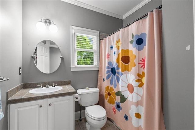 1912 Hosea L Williams Dr NE Unit 1, Atlanta, GA 30317 - bathroom featuring toilet, vanity, ornamental molding, curtained shower, and tile patterned flooring
