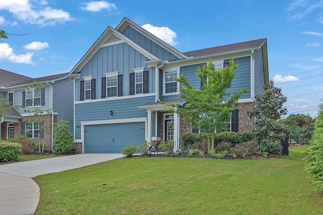 6721 Moondancer Ct, Flowery Branch, GA 30542 - view of front of property with board and batten siding, a garage, driveway, and a front lawn