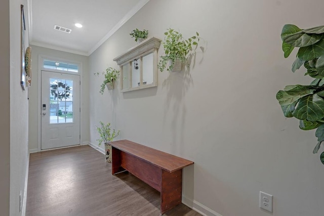 6721 Moondancer Ct, Flowery Branch, GA 30542 - foyer featuring wood finished floors, crown molding, and baseboards