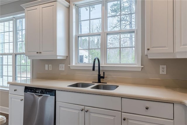 kitchen featuring white cabinetry, dishwasher, and sink