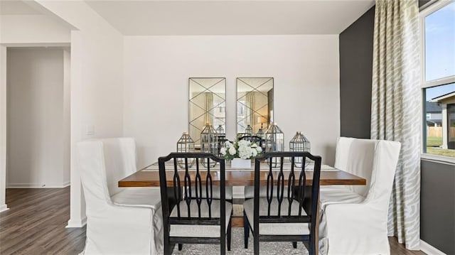 dining space with wood-type flooring