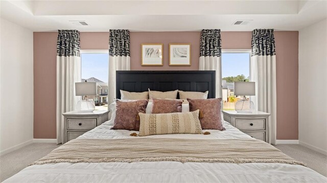 carpeted bedroom featuring multiple windows