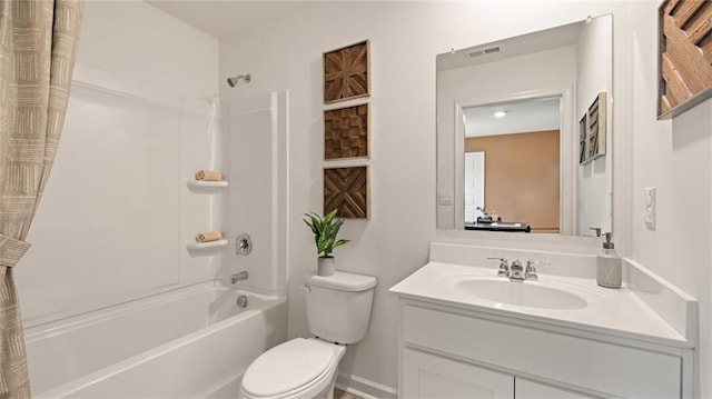 full bathroom featuring vanity, toilet, and shower / tub combo with curtain