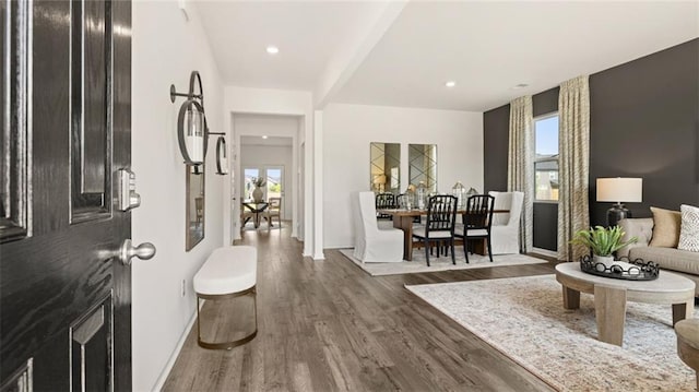 entrance foyer featuring dark wood-type flooring and plenty of natural light