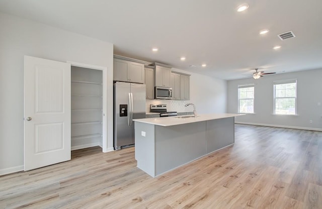 kitchen with a center island with sink, visible vents, appliances with stainless steel finishes, gray cabinets, and light countertops