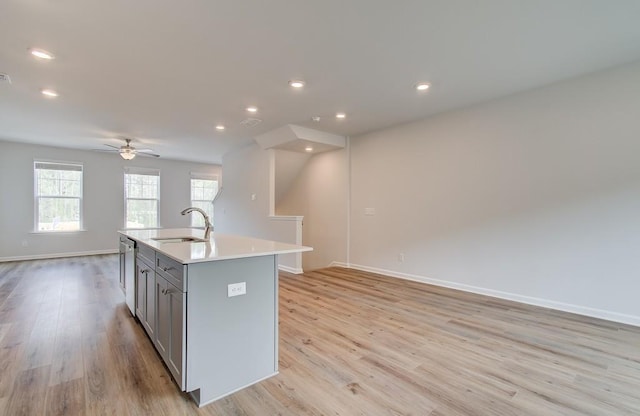 kitchen with a center island with sink, light wood finished floors, gray cabinets, open floor plan, and a sink