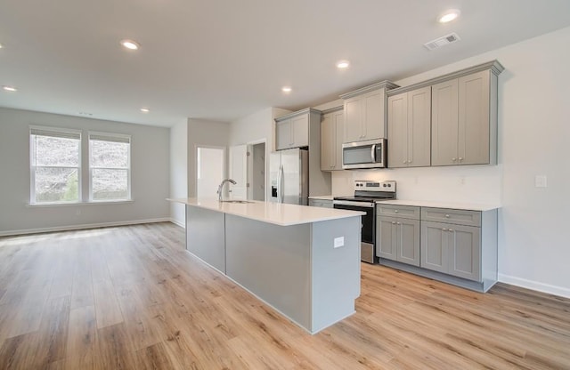 kitchen featuring visible vents, stainless steel appliances, gray cabinetry, light wood-type flooring, and a sink