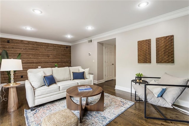 1634 Ponce De Leon Ave Unit 107, Atlanta, GA 30307 - living room featuring baseboards, crown molding, dark wood-type flooring, and recessed lighting
