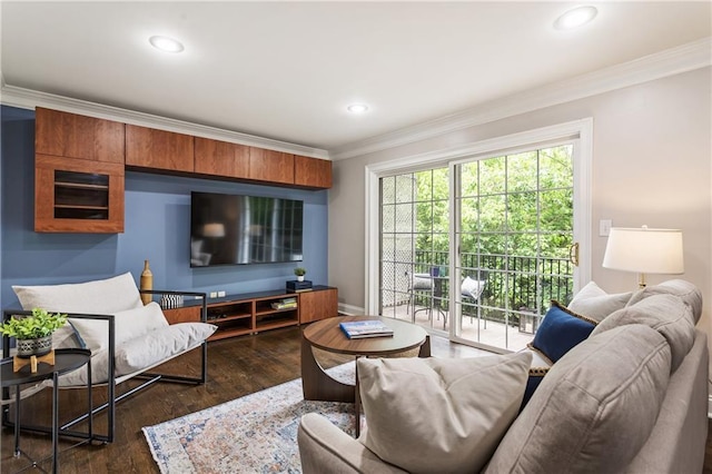 1634 Ponce De Leon Ave Unit 107, Atlanta, GA 30307 - living area featuring crown molding, dark wood-style flooring, recessed lighting, and baseboards