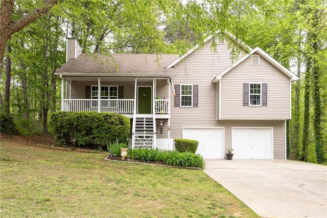 69 Due W Pass, Dallas, GA 30157 - view of front of home featuring a chimney, stairs, an attached garage, driveway, and covered porch