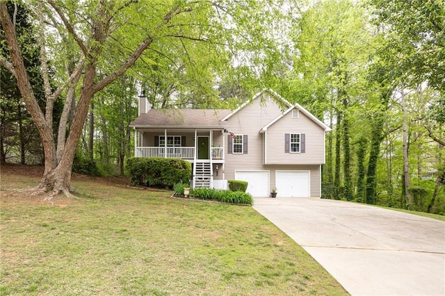 69 Due W Pass, Dallas, GA 30157 - split level home featuring a chimney, stairs, concrete driveway, an attached garage, and covered porch