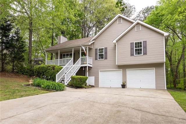 69 Due W Pass, Dallas, GA 30157 - ranch-style house with stairway, a chimney, driveway, covered porch, and a garage