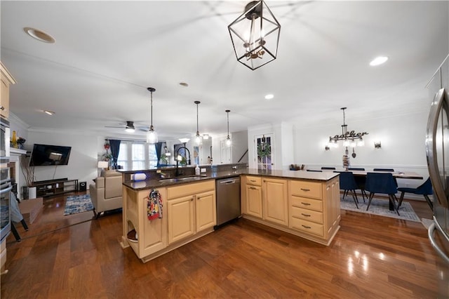 kitchen with open floor plan, appliances with stainless steel finishes, a sink, and dark wood-style floors