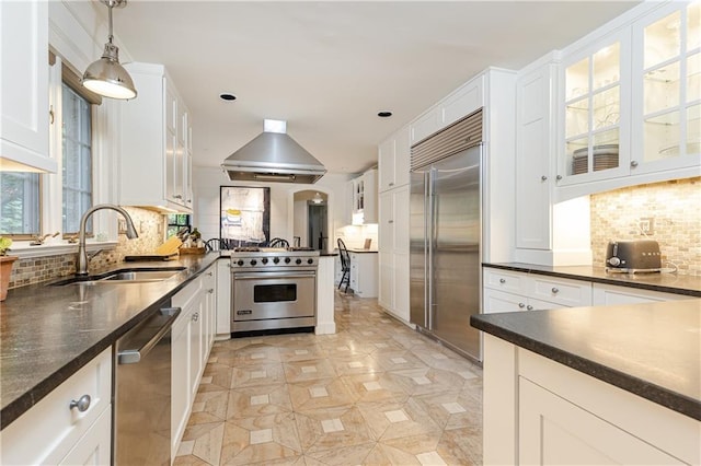 kitchen featuring backsplash, white cabinets, sink, premium appliances, and extractor fan