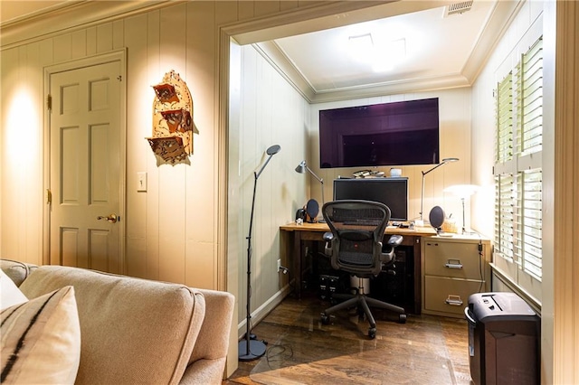 home office featuring crown molding and dark wood-type flooring