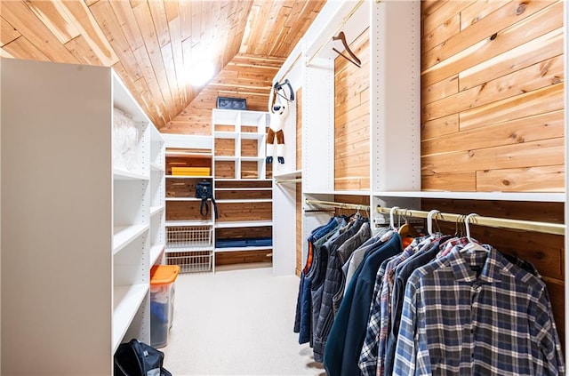 spacious closet with carpet floors and lofted ceiling