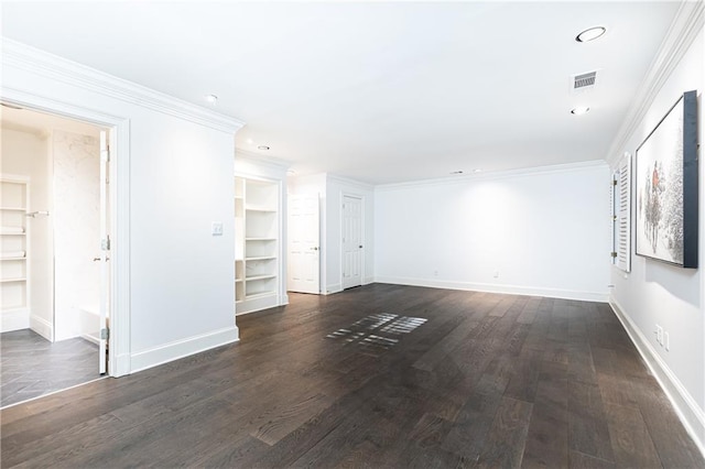 unfurnished living room featuring ornamental molding and dark wood-type flooring