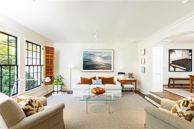 living room featuring a wealth of natural light, hardwood / wood-style floors, and crown molding