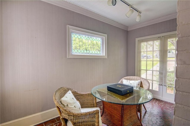 dining area with baseboards, brick floor, ornamental molding, and rail lighting
