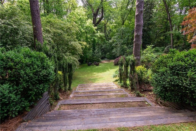 view of yard with a wooded view