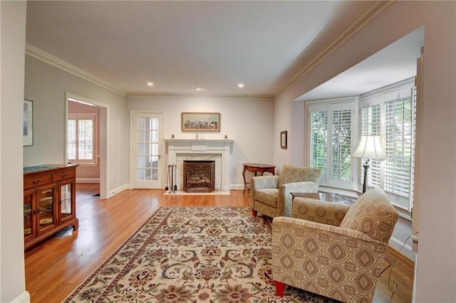 living room with wood finished floors, a healthy amount of sunlight, and a fireplace