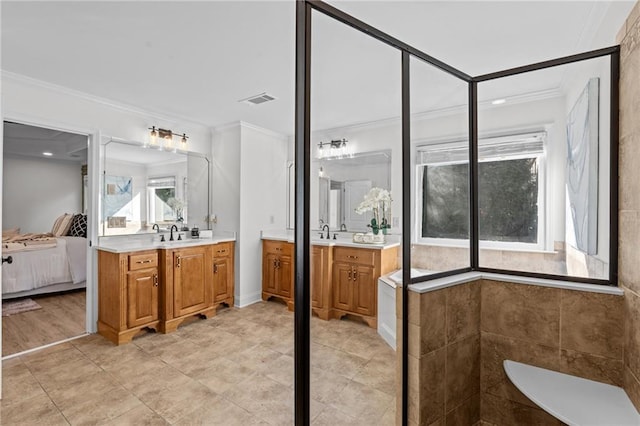 ensuite bathroom with a sink, visible vents, connected bathroom, and ornamental molding