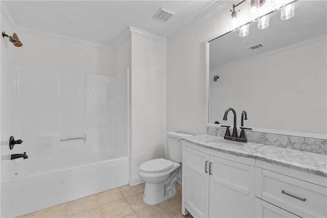 full bathroom with toilet, ornamental molding, visible vents, and tile patterned floors